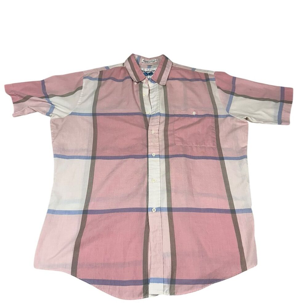 Vintage Chartwell Plaid‎ Button-Up Shirt Men's L Pink Gray Short Sleeve